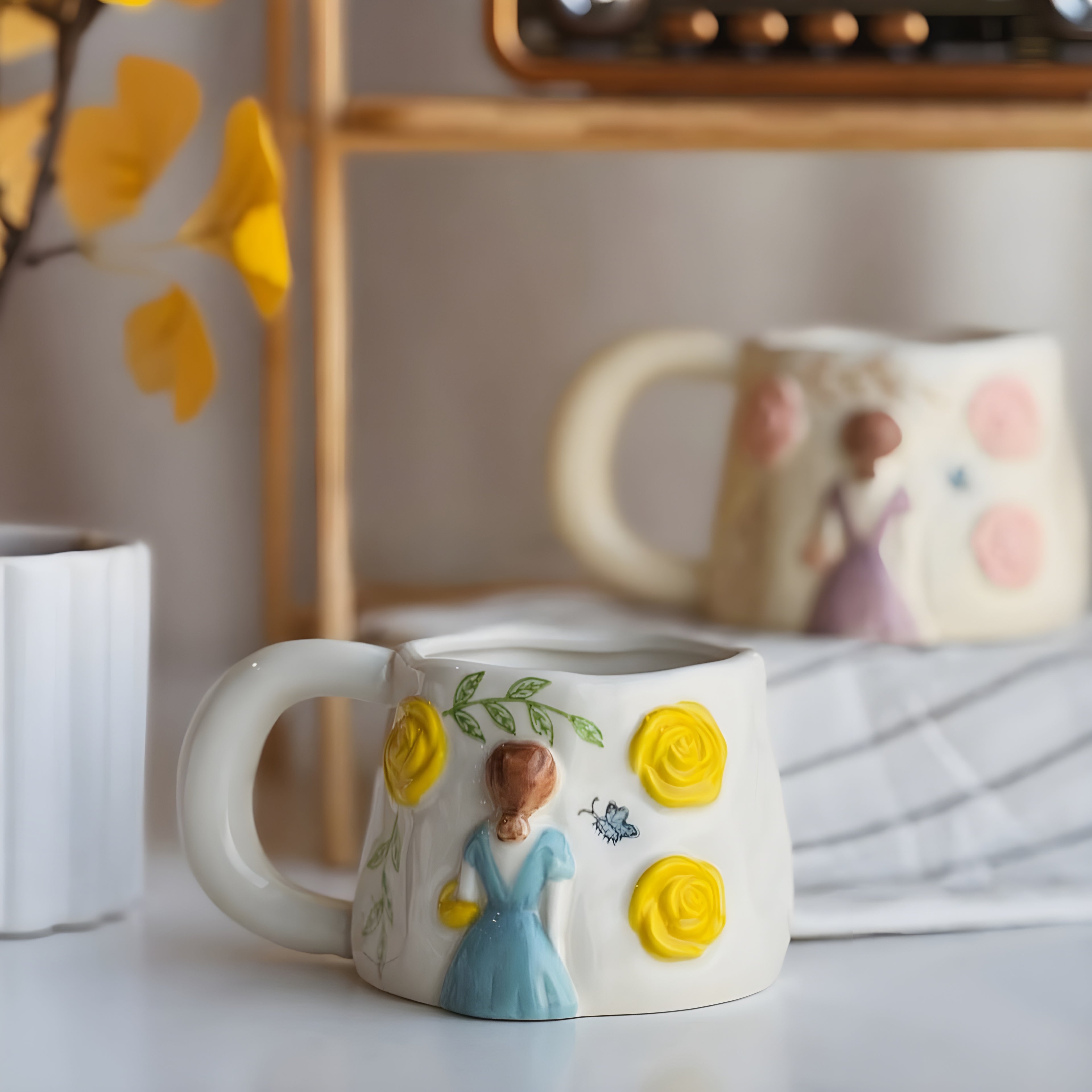 Unique Porcelain Mug 3D Girl Yellow Roses White Floral Handle
