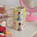 Unique Porcelain Mug 3D Girl Yellow Roses White Floral Handle