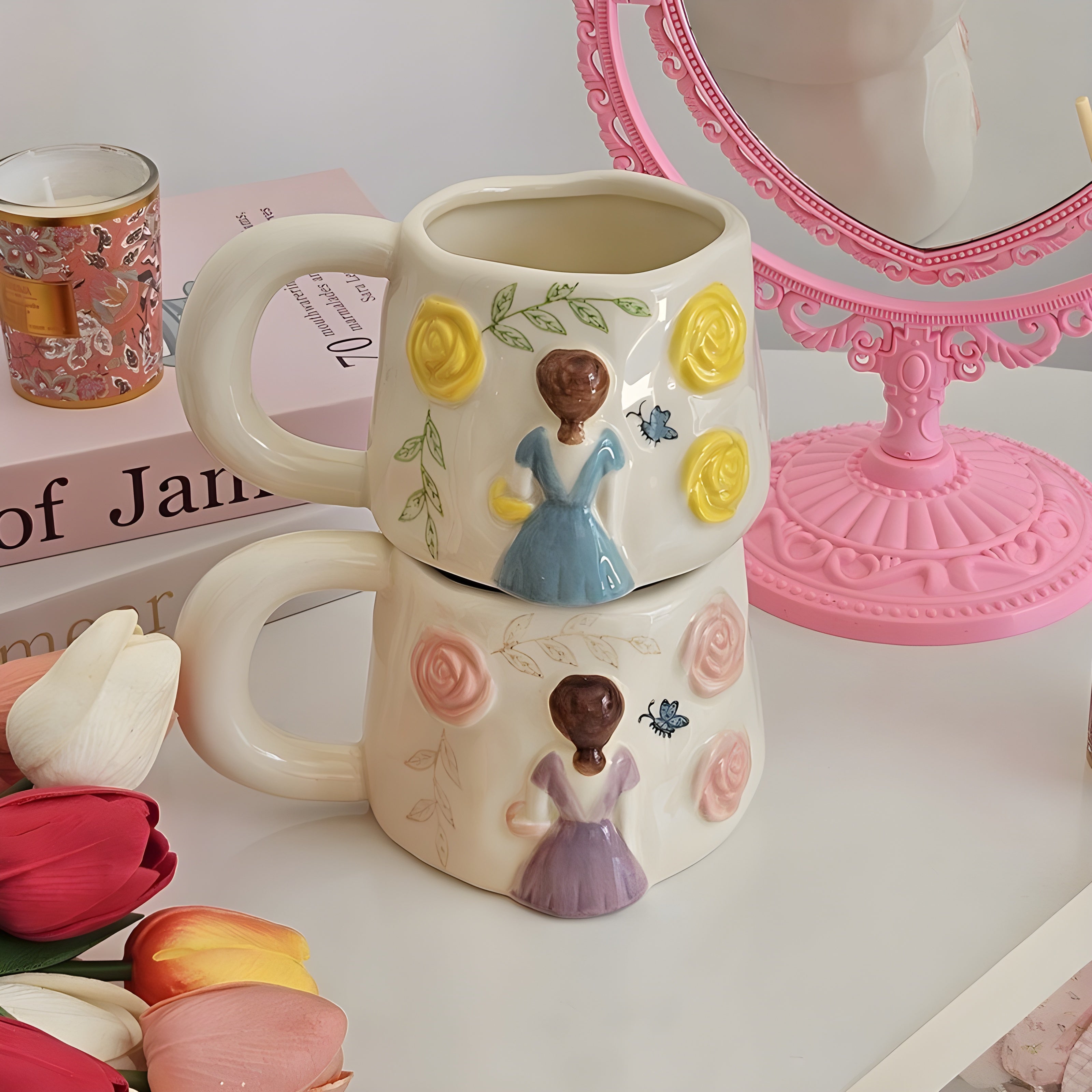 Unique Porcelain Mug 3D Girl Yellow Roses White Floral Handle