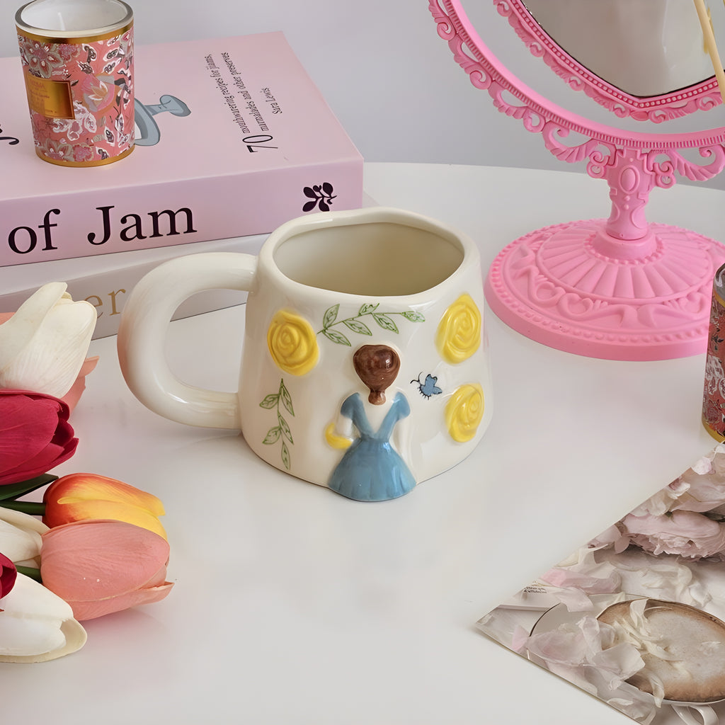 Unique Porcelain Mug 3D Girl Yellow Roses White Floral Handle