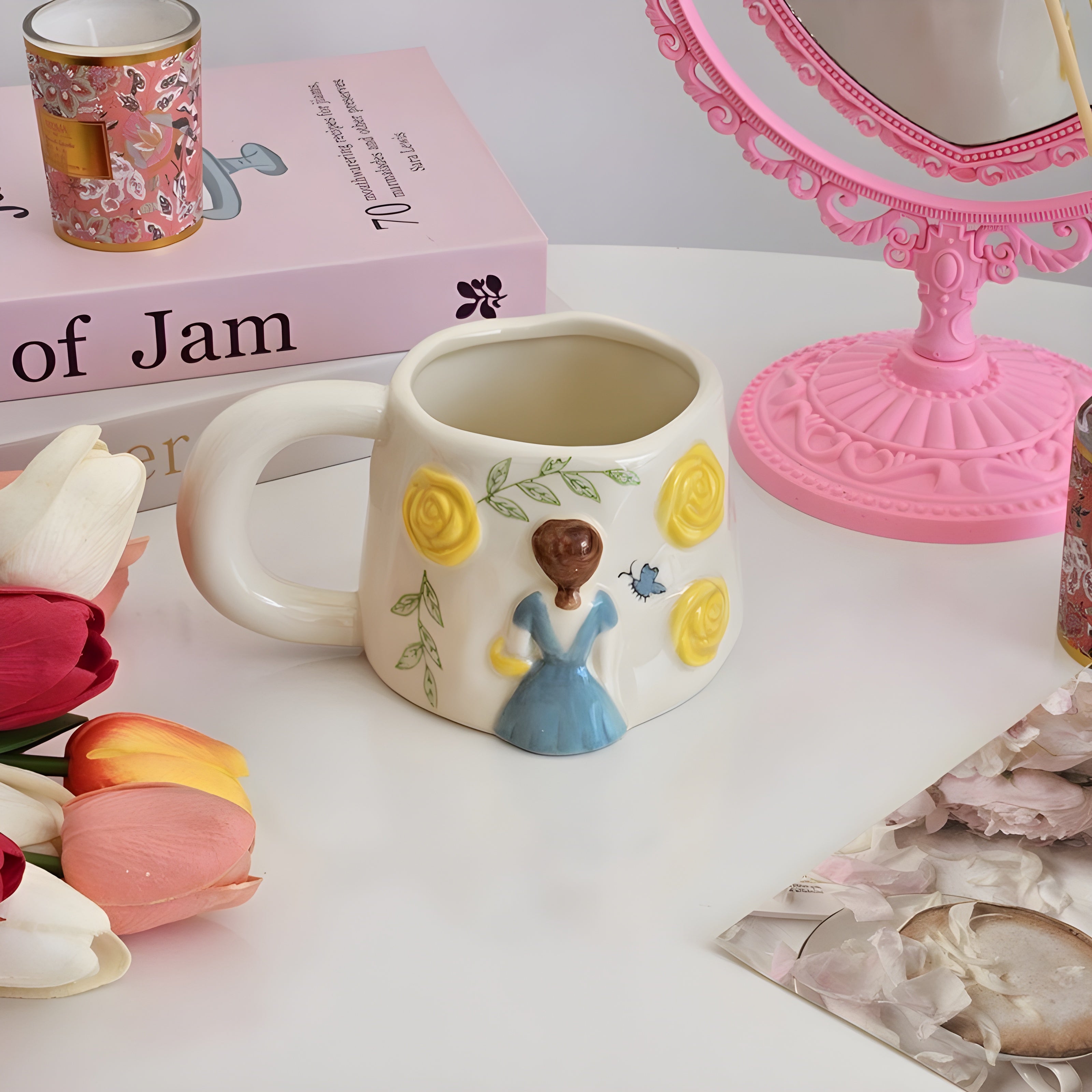 Unique Porcelain Mug 3D Girl Yellow Roses White Floral Handle