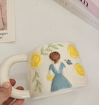 Unique Porcelain Mug 3D Girl Yellow Roses White Floral Handle