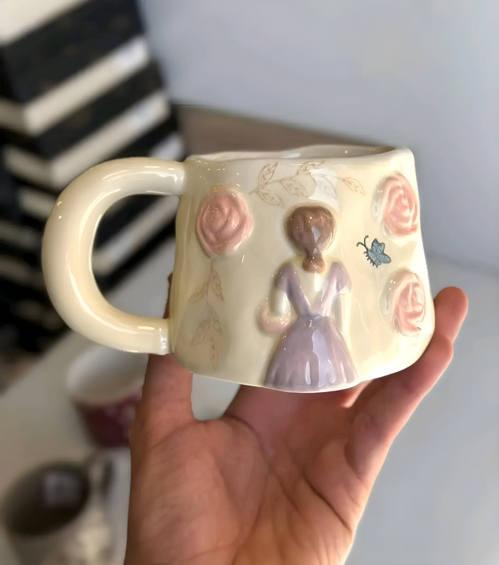 Unique Porcelain Mug 3D Girl Pink Roses White Floral Handle