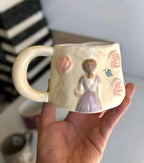 Unique Porcelain Mug 3D Girl Pink Roses White Floral Handle