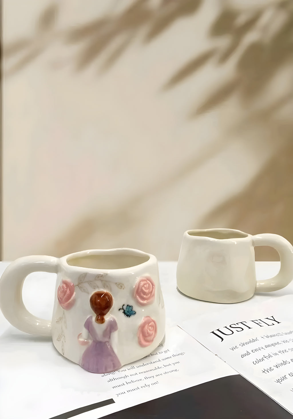 Unique Porcelain Mug 3D Girl Pink Roses White Floral Handle