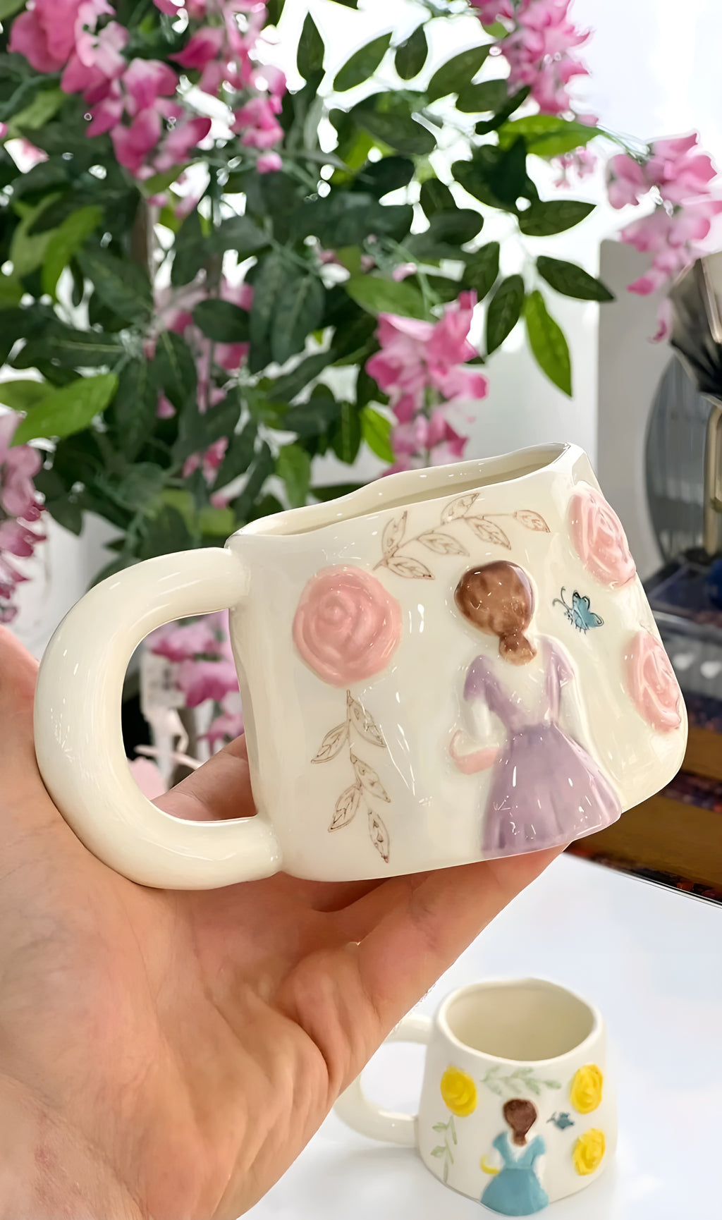 Unique Porcelain Mug 3D Girl Pink Roses White Floral Handle