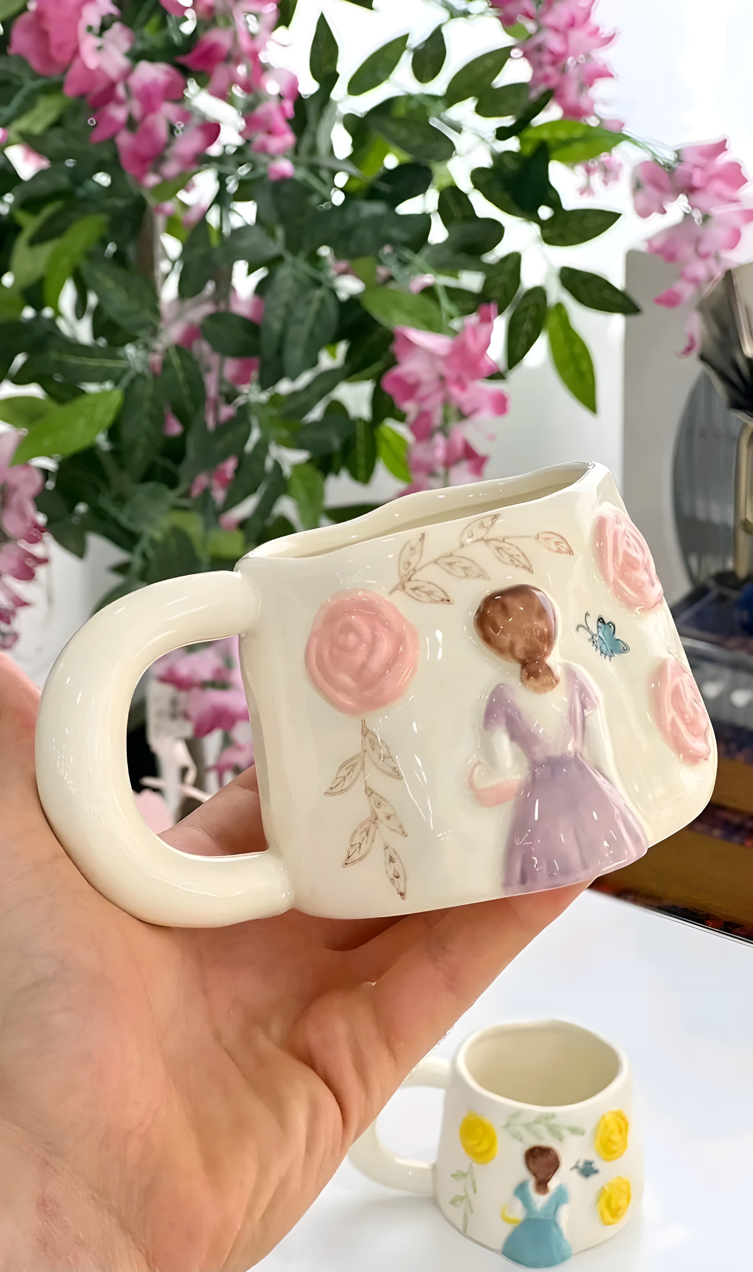 Unique Porcelain Mug 3D Girl Pink Roses White Floral Handle