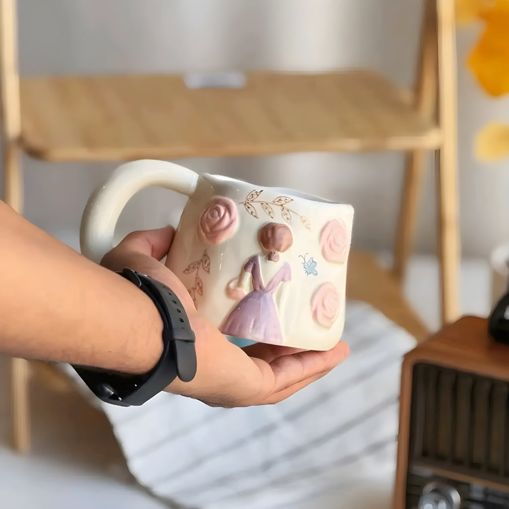 Unique Porcelain Mug 3D Girl Pink Roses White Floral Handle