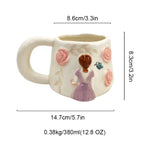 Unique Porcelain Mug 3D Girl Pink Roses White Floral Handle