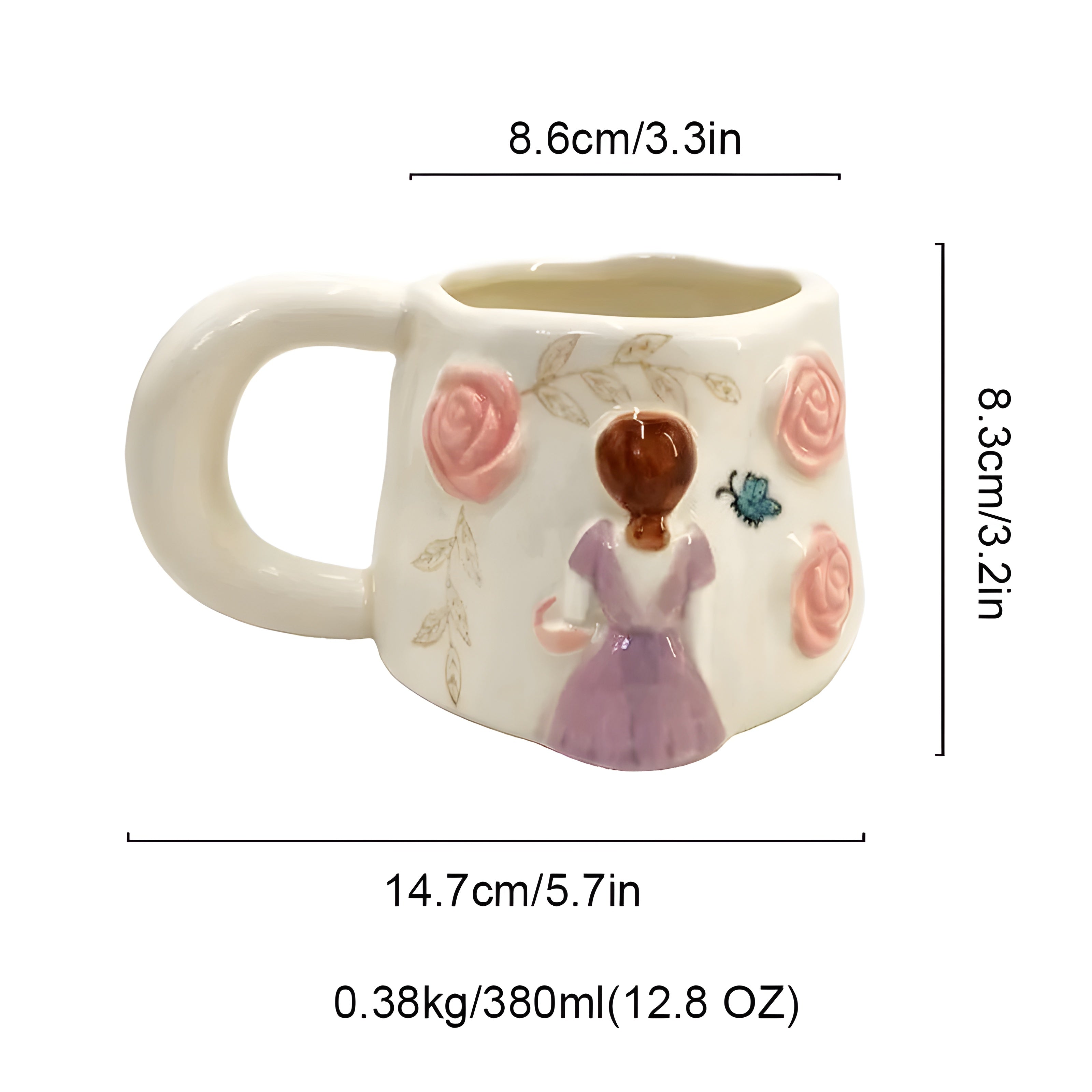 Unique Porcelain Mug 3D Girl Pink Roses White Floral Handle