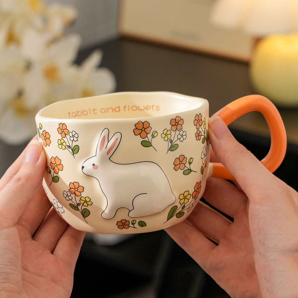 Cute Porcelain Mug Rabbit Flowers Orange