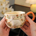 Cute Porcelain Mug Rabbit Flowers Orange