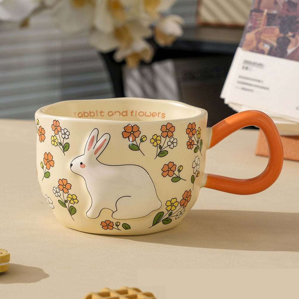 Cute Porcelain Mug Rabbit Flowers Orange