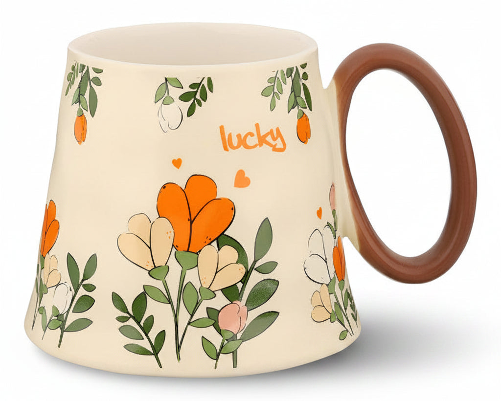 Lucky Floral Porcelain Mug – Brown Handle
