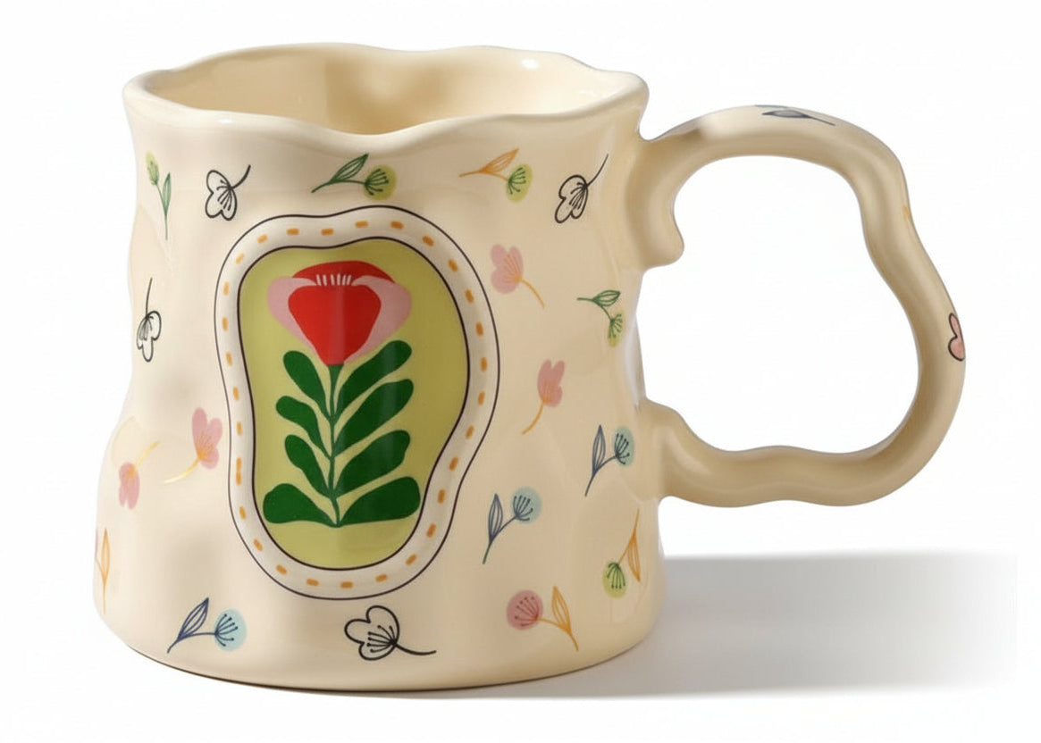 Handmade Porcelain Mug – Floral Tulip Art | ماج بورسيلين يدوي – تصميم زهرة التوليب