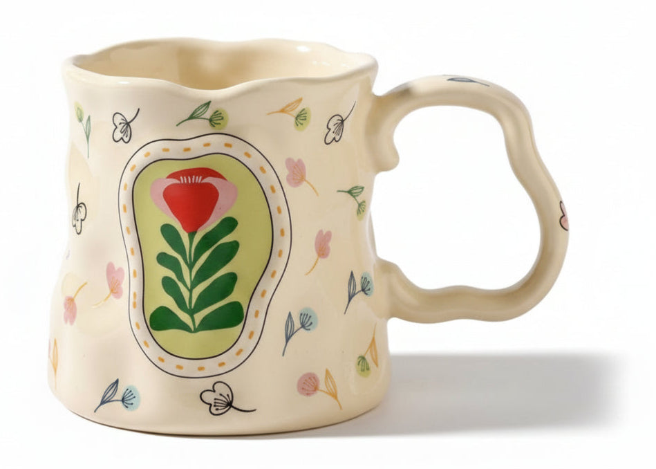 Porcelain Mug – Colorful Roses White Twisted Handle | ماج بورسيلين – ورود ملونة أبيض مقبض ملتوي