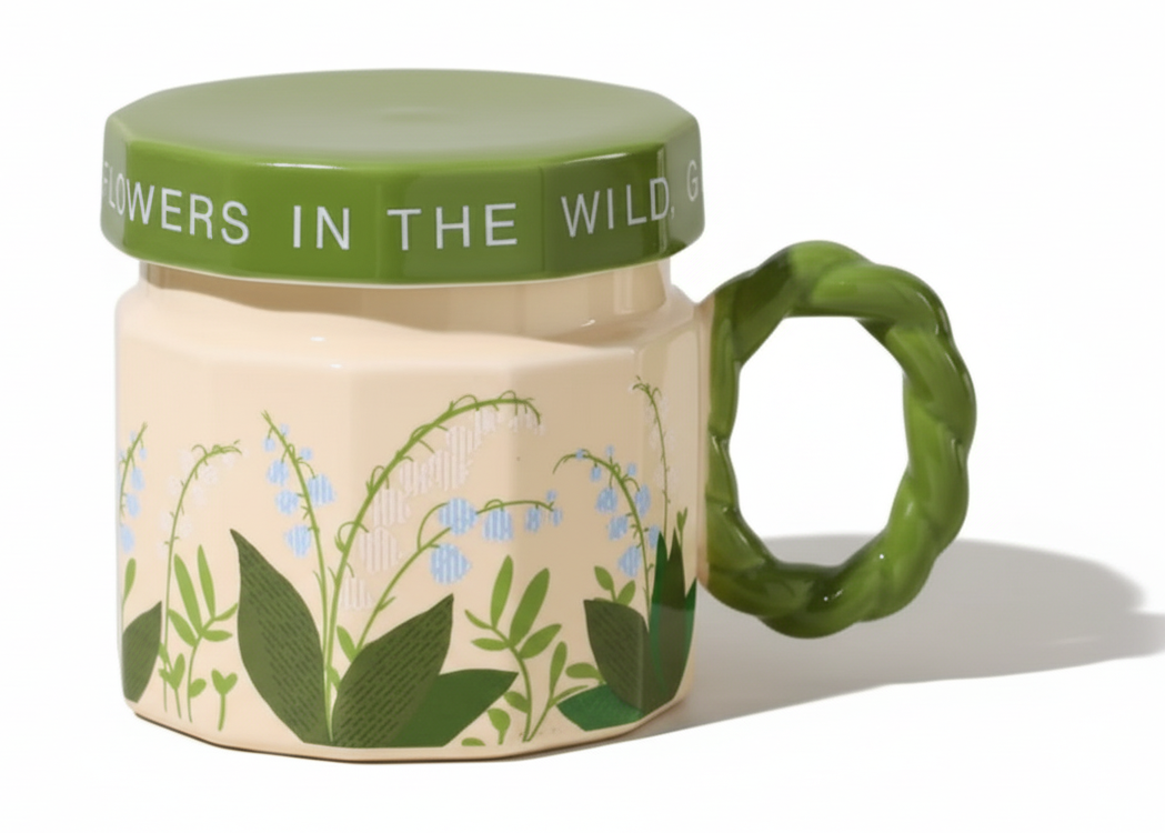 Porcelain Mug with Lid – Lily of the Valley Green | ماج بورسيلين بغطاء – زهرة الوادي الأخضر