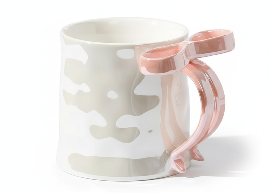 Porcelain Mug with Bow Handle – Pink Marble | ماج بورسيلين بمقبض فيونكة – مرمر وردي