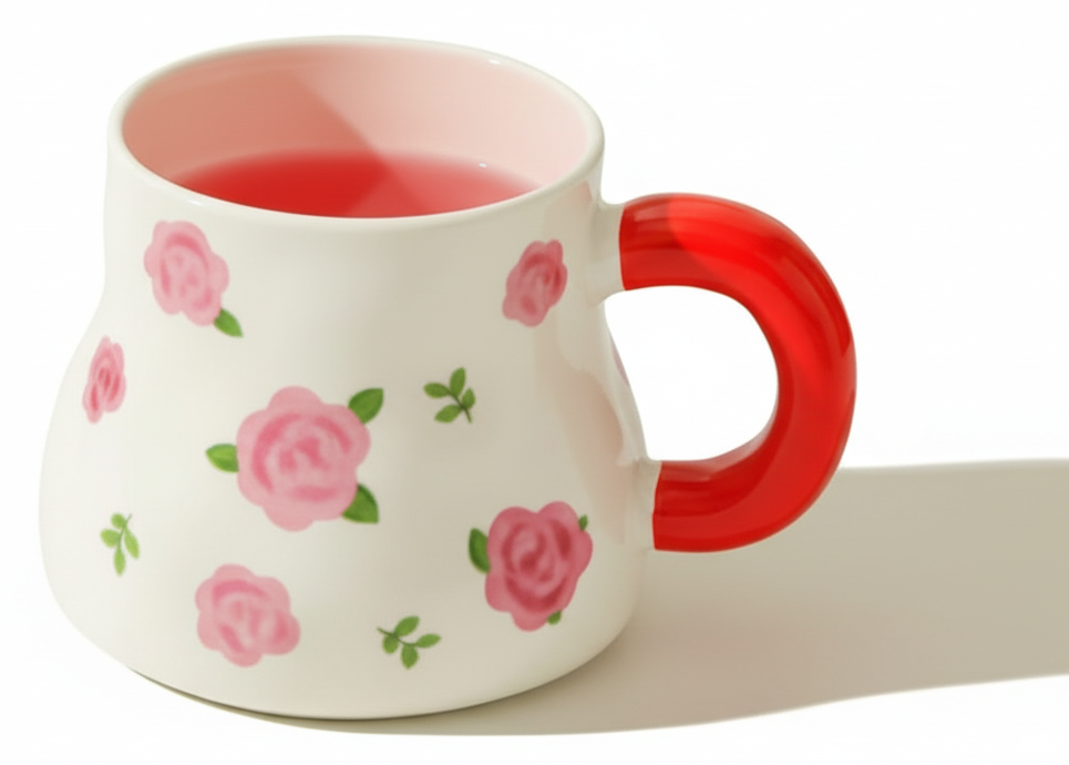 Porcelain Mug – Pink Rose with Red Handle & Gift Box | ماج بورسيلين – وردة وردية بمقبض أحمر وعلبة هدية