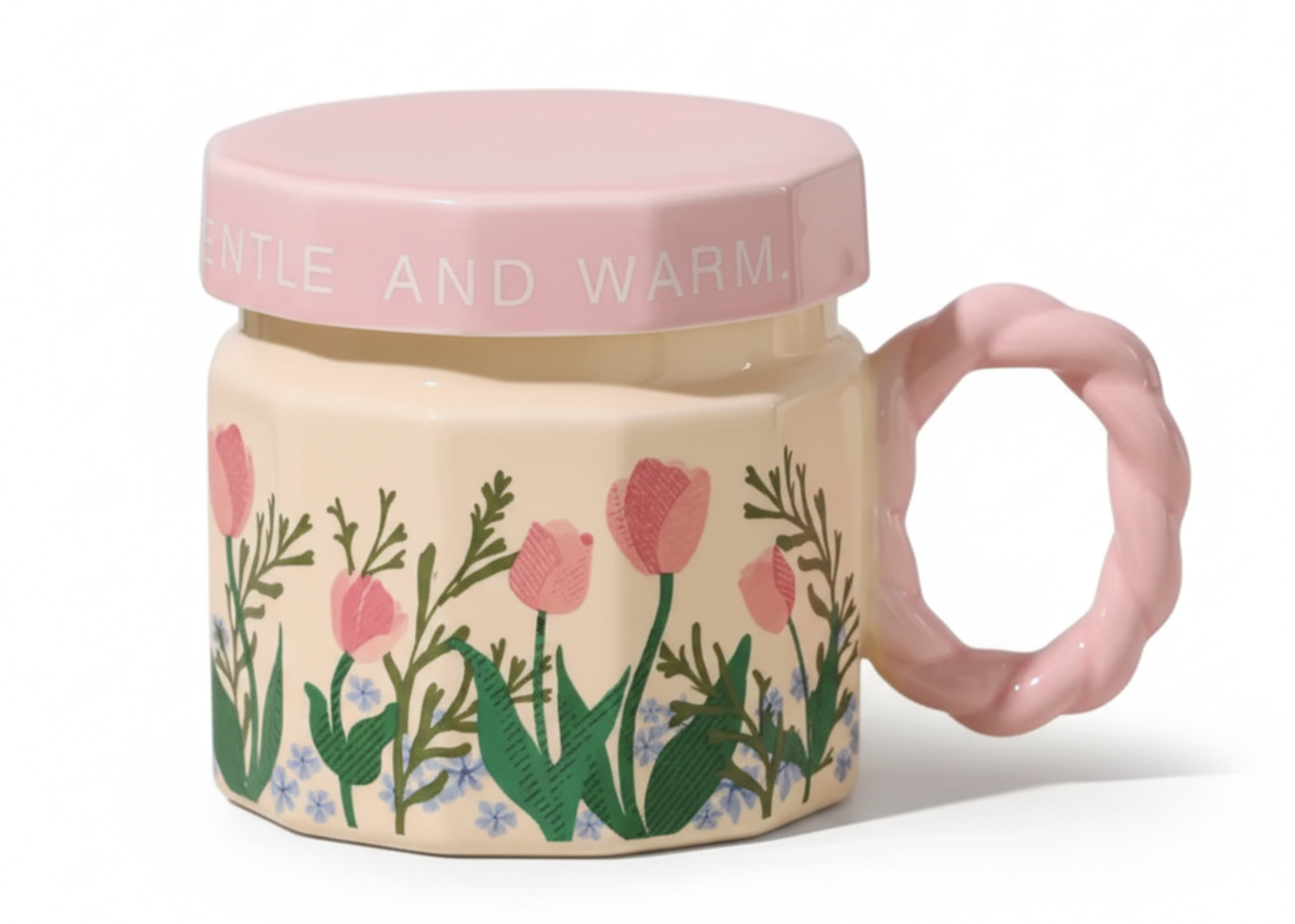 Porcelain Mug with Lid – Pink Tulip Gentle & Warm | ماج بورسيلين بغطاء – توليب وردي دافئ ولطيف