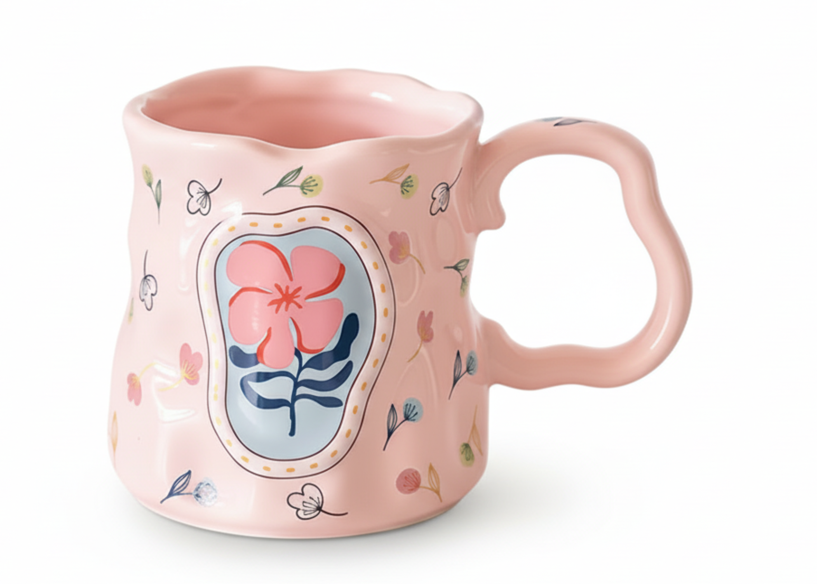 Handmade Porcelain Mug – Floral Art Pink Sculpted | ماج بورسيلين يدوي – فن زهري وردي منحوت