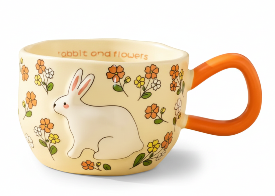 Ceramic Mug Rabbit & Flowers - Orange | مج سيراميك أرنب وزهور - برتقالي