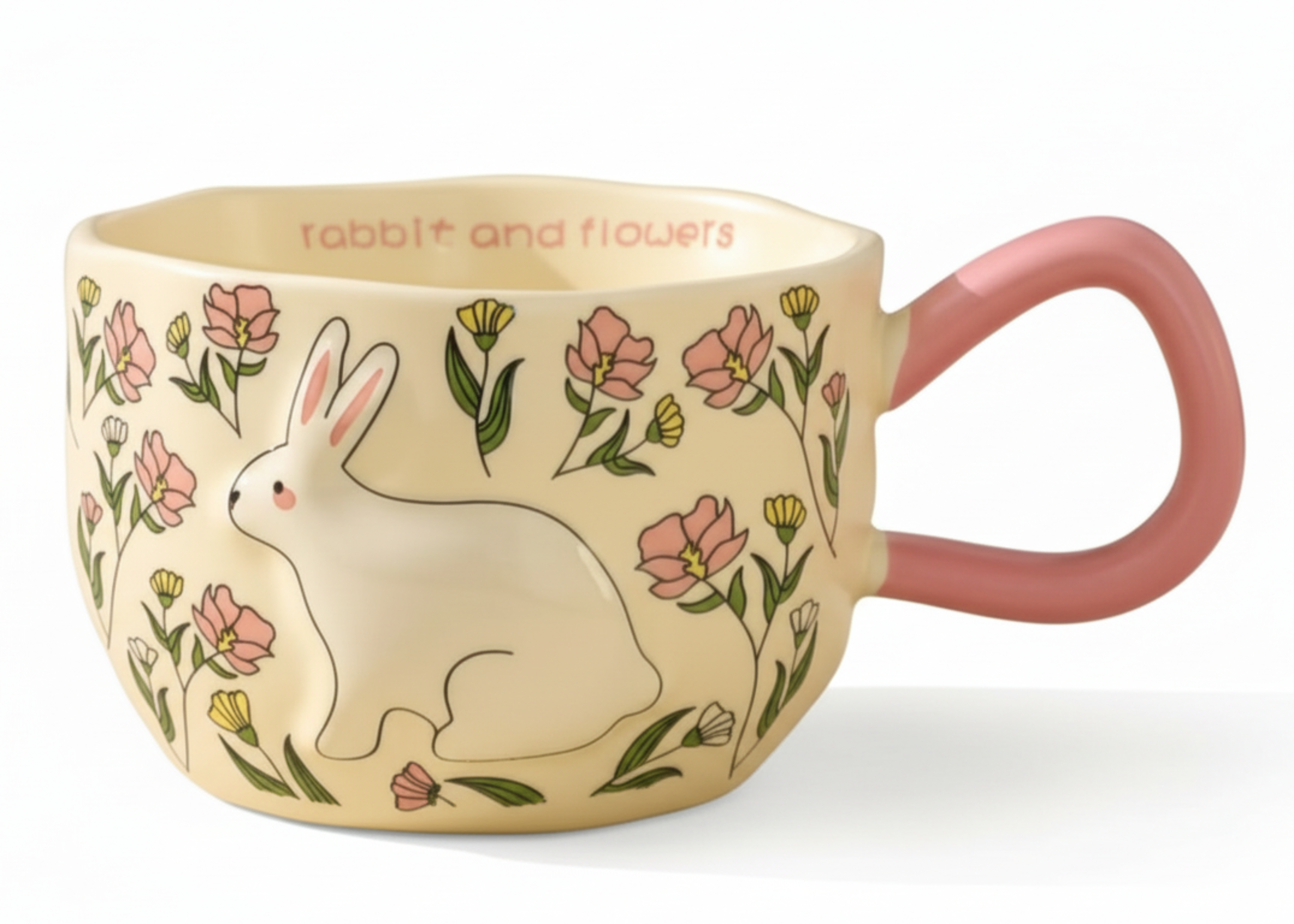 Ceramic Mug Rabbit & Flowers - Pink | مج سيراميك أرنب وزهور - وردي