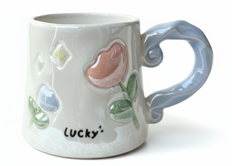 Porcelain Mug with Spoon – OK Guy Illustration Taupe | ماج بورسيلين مع ملعقة – رسم OK رجل تيب