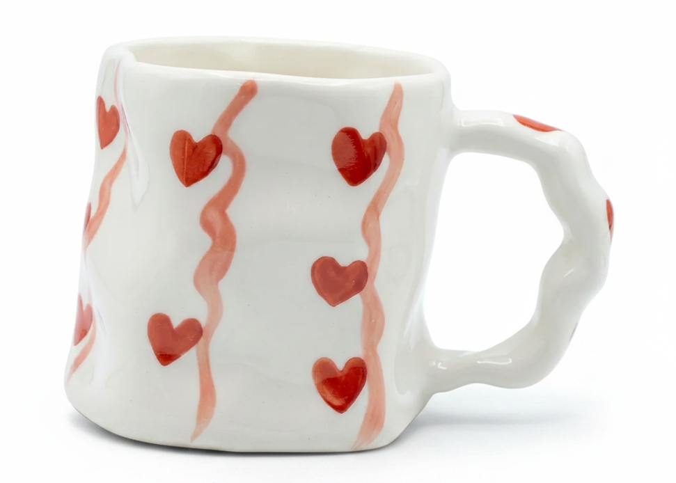 Cute Porcelain Mug Hearts Wavy Ribbons
