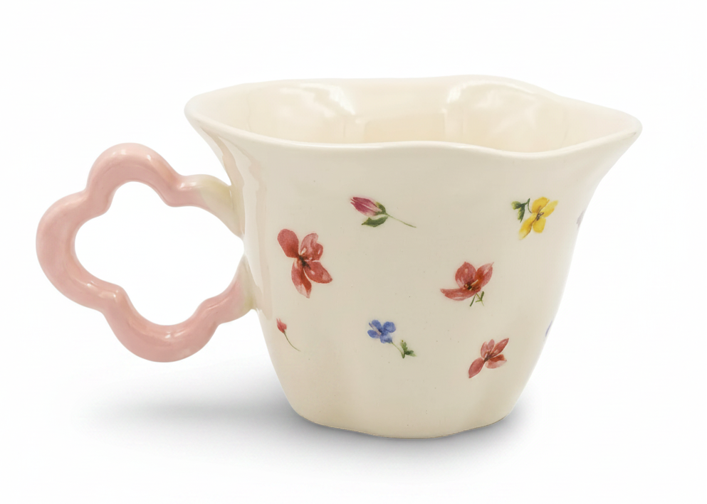 Cute Porcelain Mug Wildflowers Cream Pink