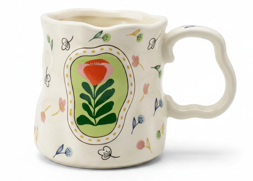 Cute Porcelain Mug Handmade Tulip Beige