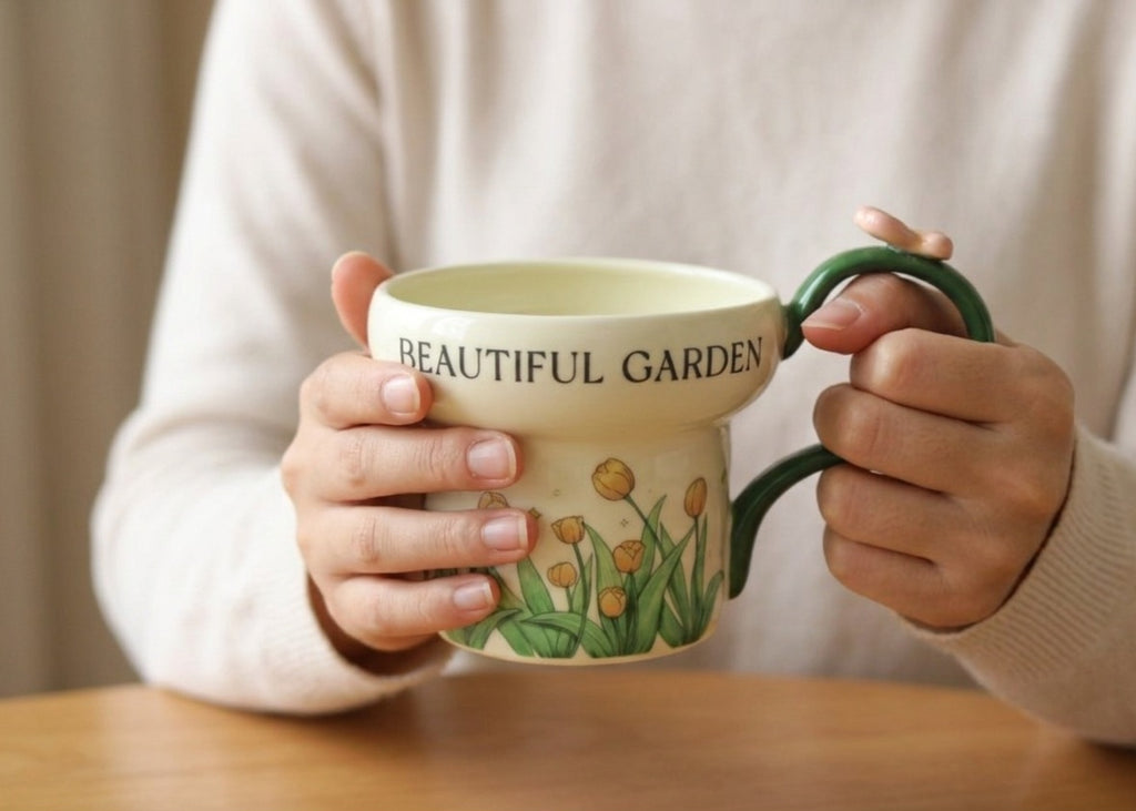 Cute Porcelain Mug Tulip Green Butterfly