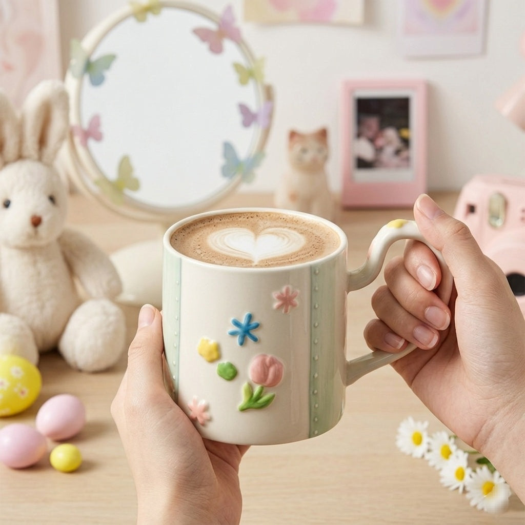 Cute Porcelain Mug 3D Flowers Green
