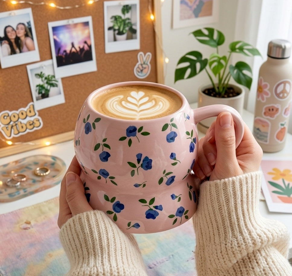 Cute Porcelain Mug Blue Floral Pink