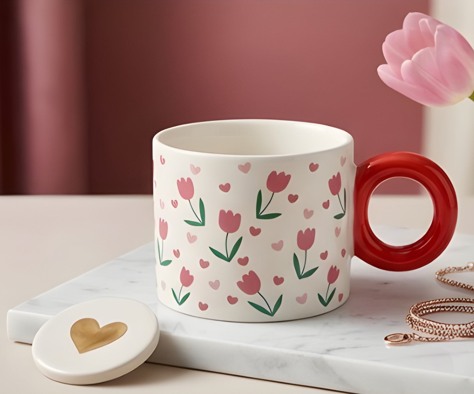 Cute Porcelain Mug Tulip Hearts Red