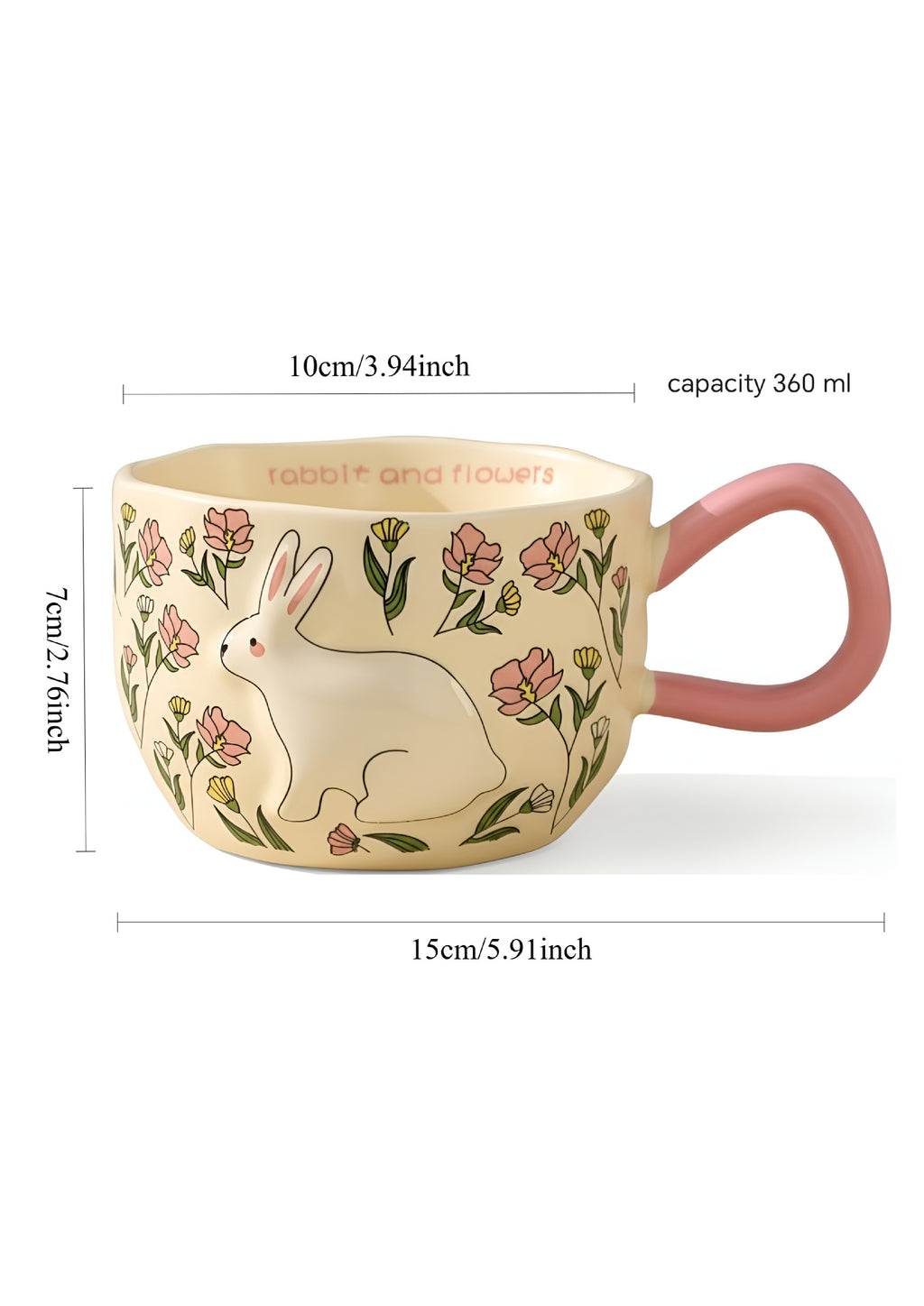 Cute Porcelain Mug Rabbit Flowers Pink