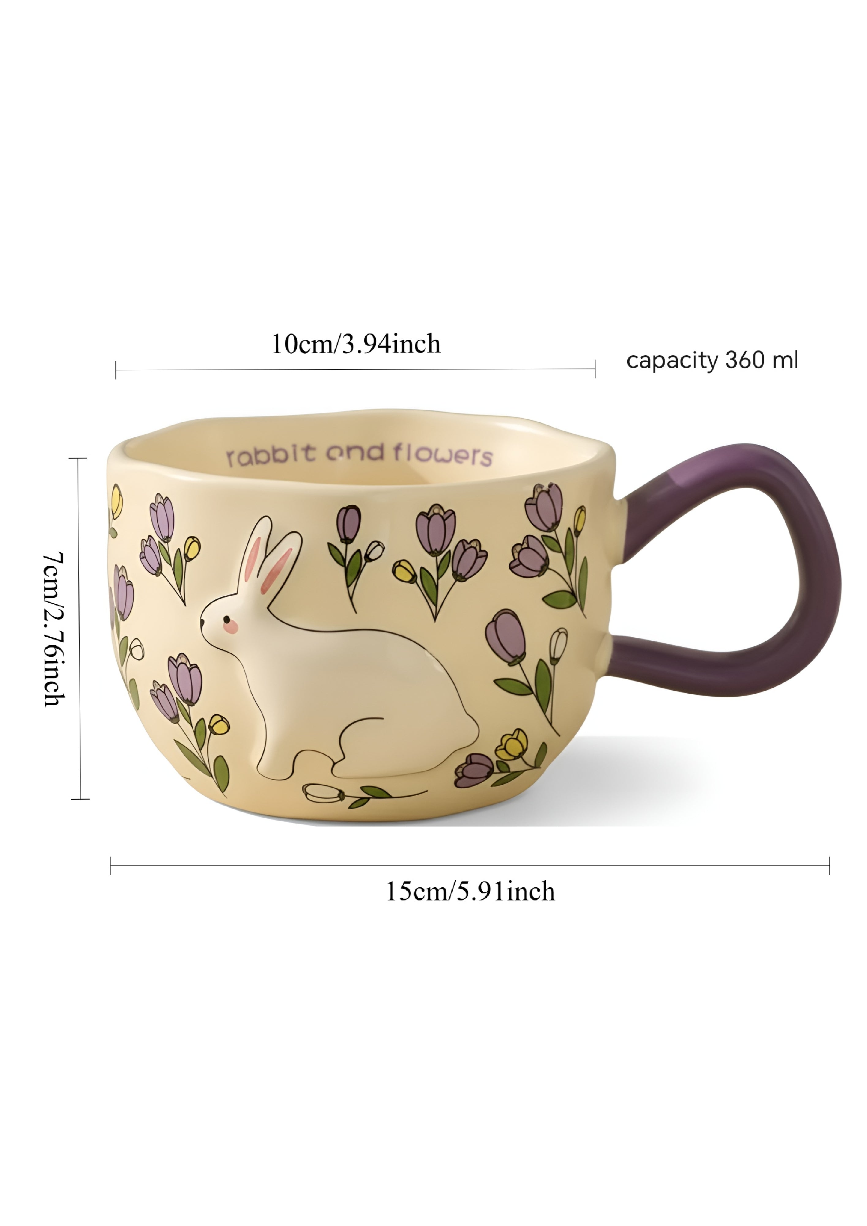 Cute Porcelain Mug Rabbit Flowers Purple