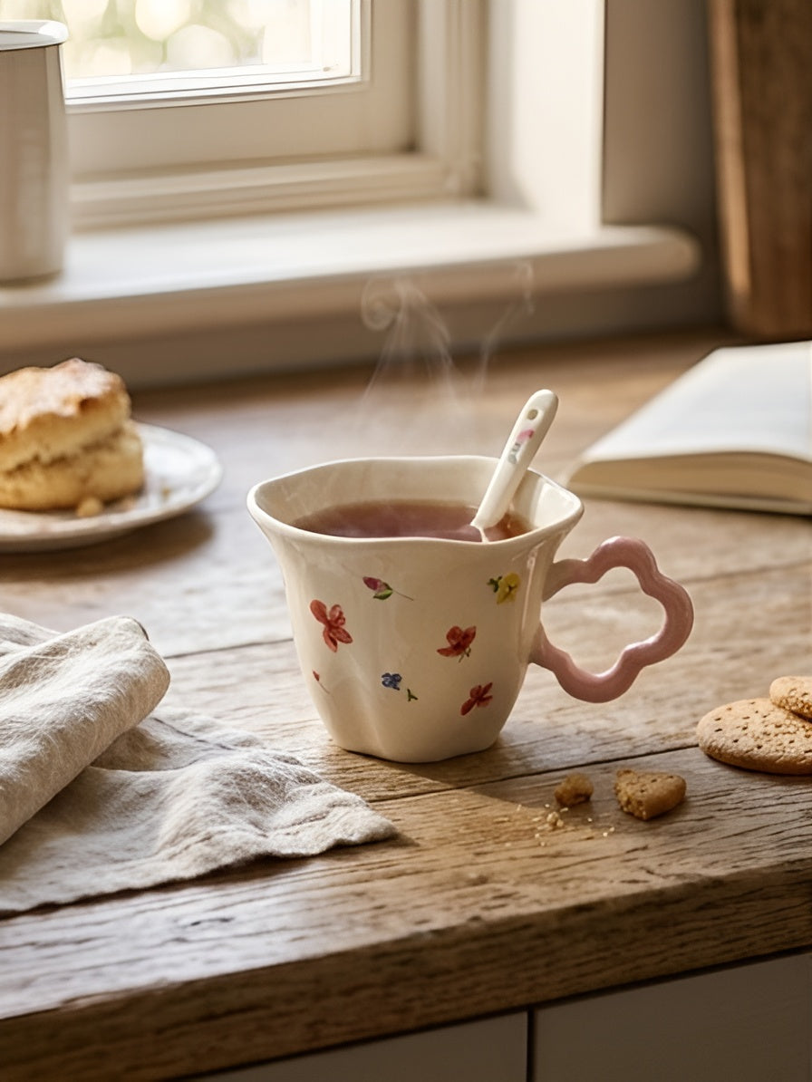 Cute Porcelain Mug Wildflowers Cream Pink