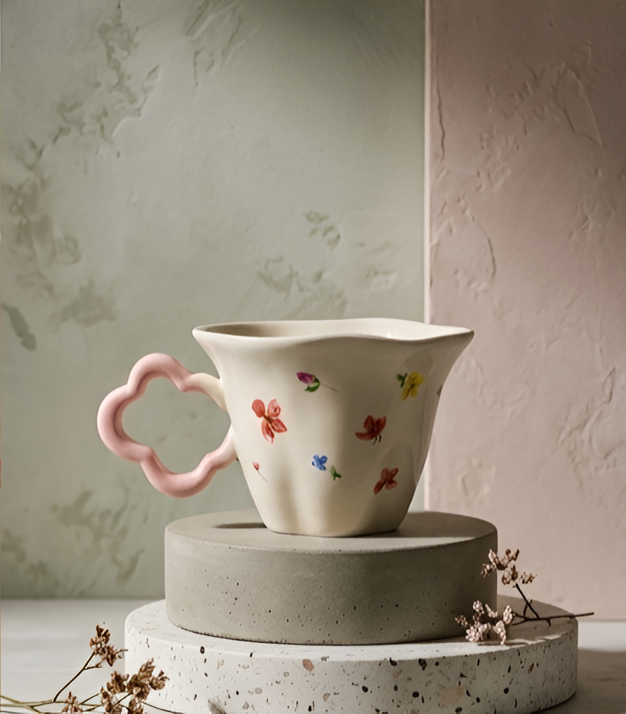 Cute Porcelain Mug Wildflowers Cream Pink