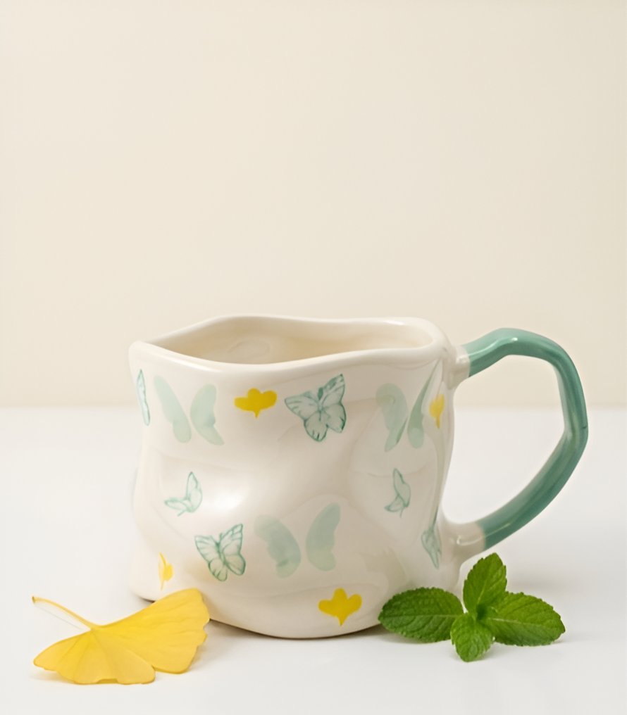 Cute Porcelain Mug Teal Butterflies Yellow