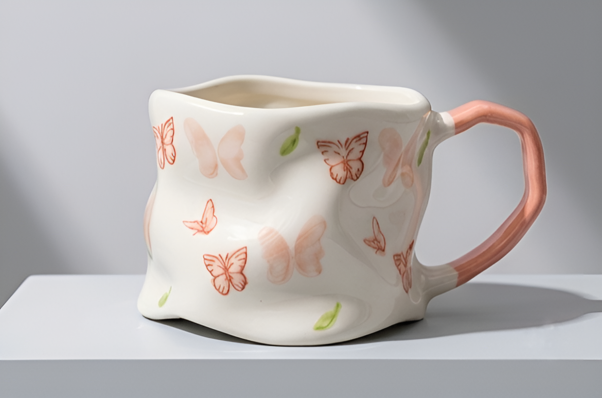 Cute Porcelain Mug Butterflies Leaves Pink