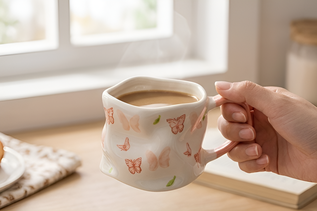 Cute Porcelain Mug Butterflies Leaves Pink