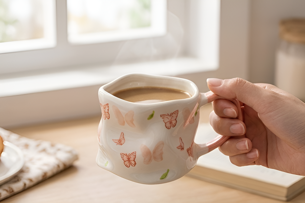 Cute Porcelain Mug Butterflies Leaves Pink