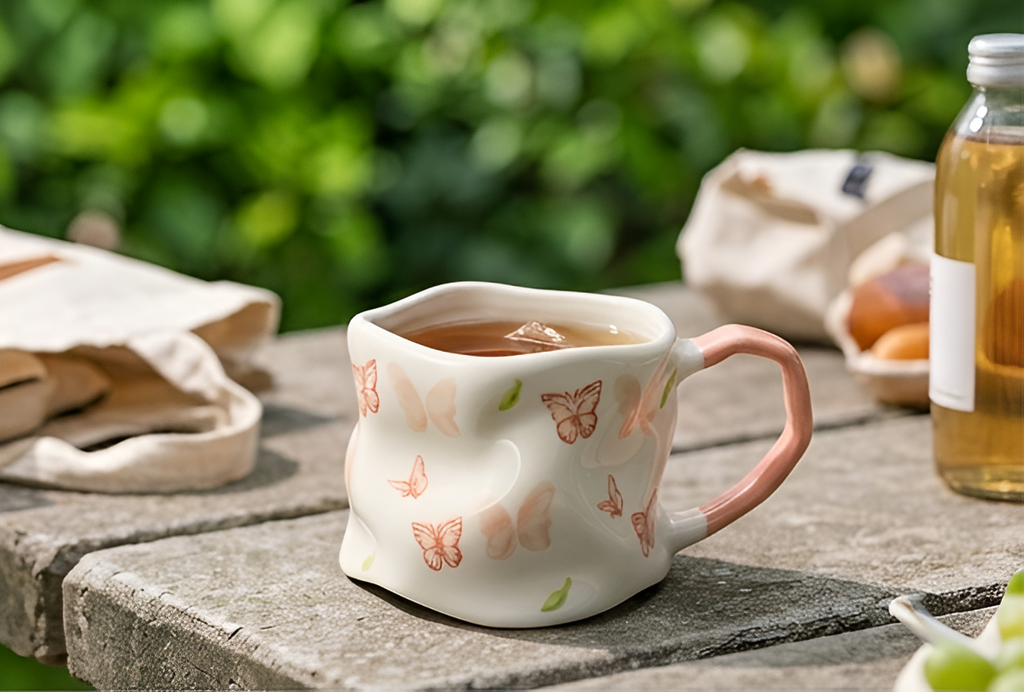 Cute Porcelain Mug Butterflies Leaves Pink