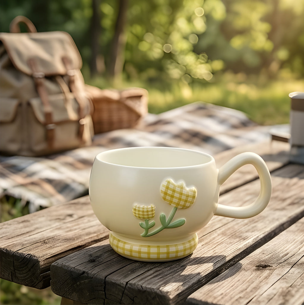 Cute Porcelain Mug Gingham Tulip Yellow