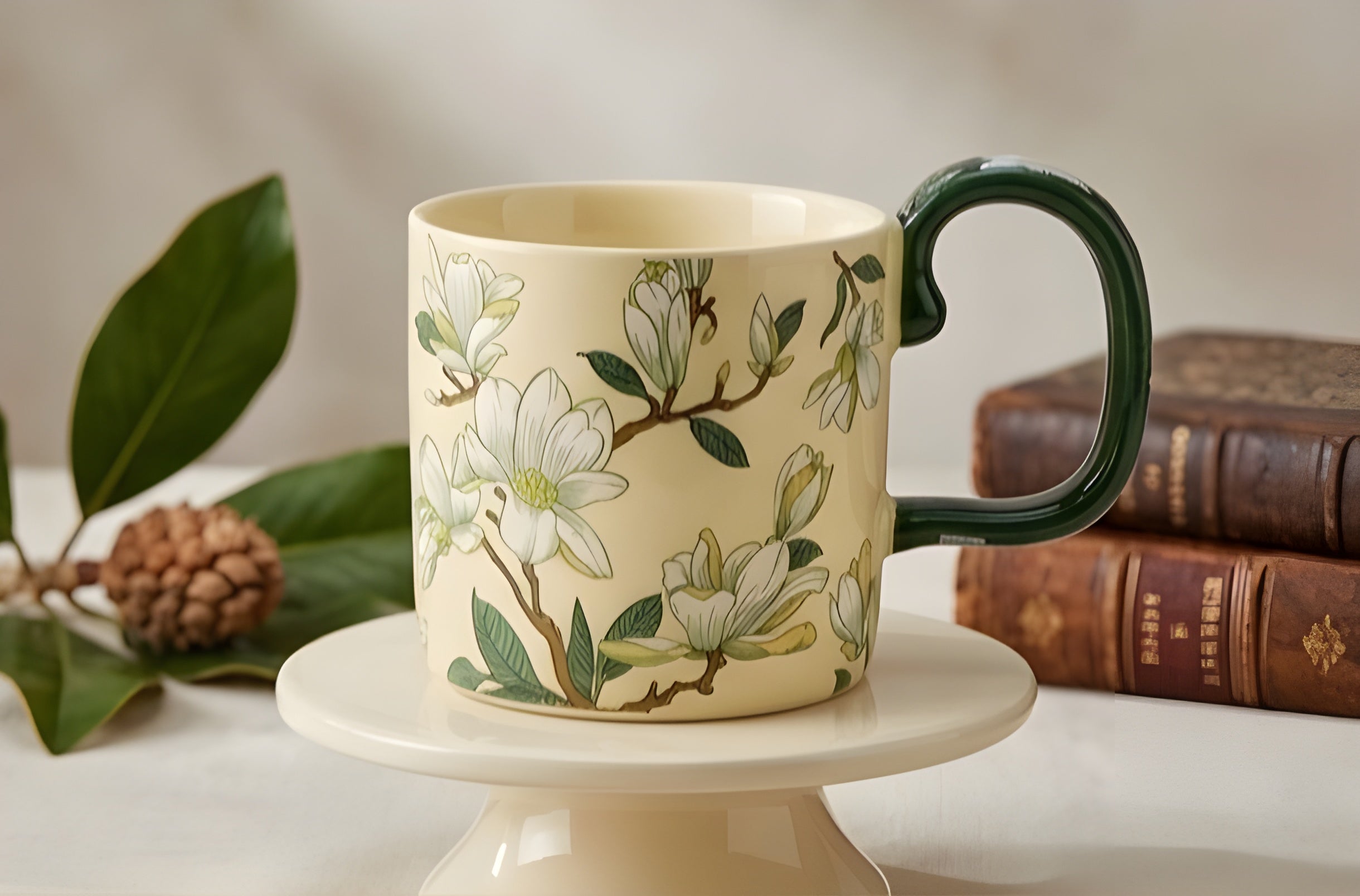 Cute Porcelain Mug Magnolia Floral Cream