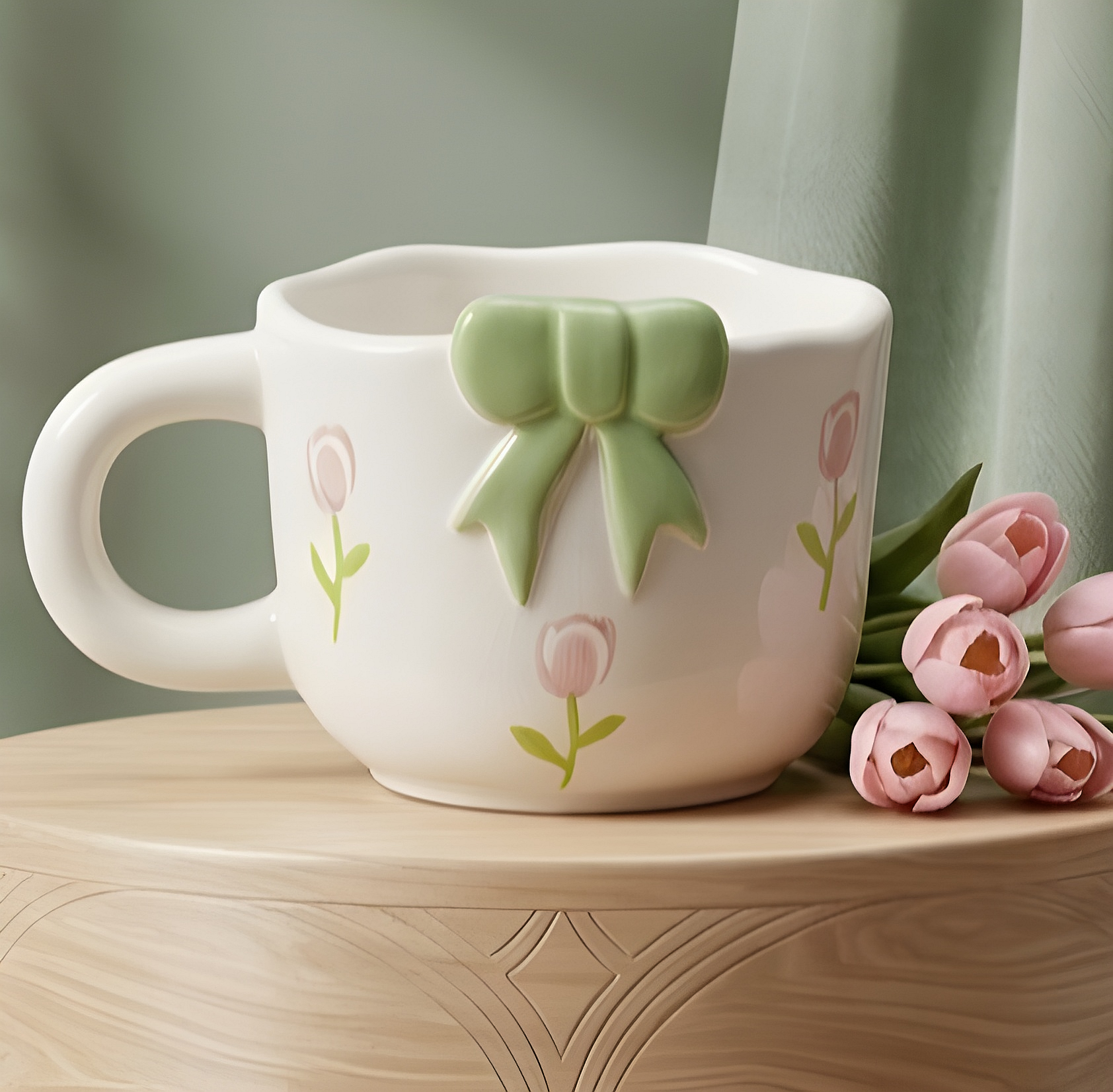Cute Porcelain Mug 3D Green Bow