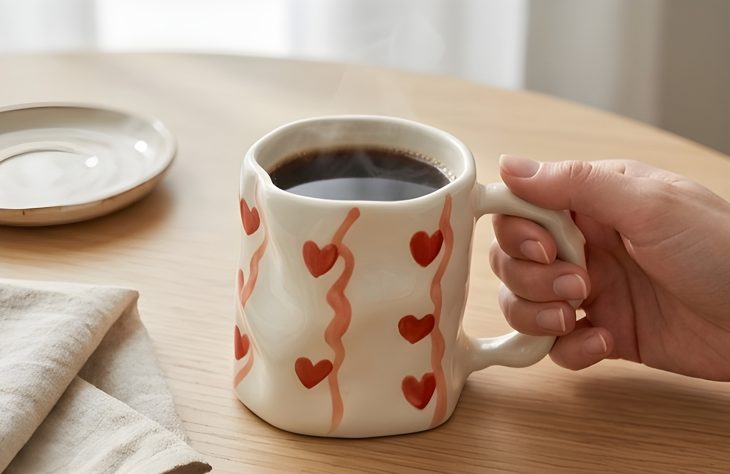 Cute Porcelain Mug Hearts Wavy Ribbons