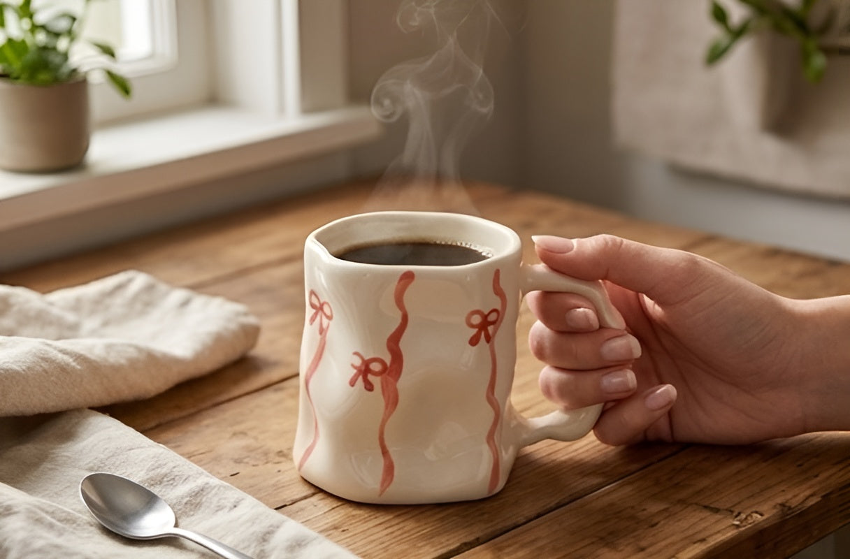 Cute Porcelain Mug Bows Coral Ribbons