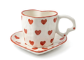 Cute Porcelain Mug Red Hearts Heart Shape White Handle Saucer